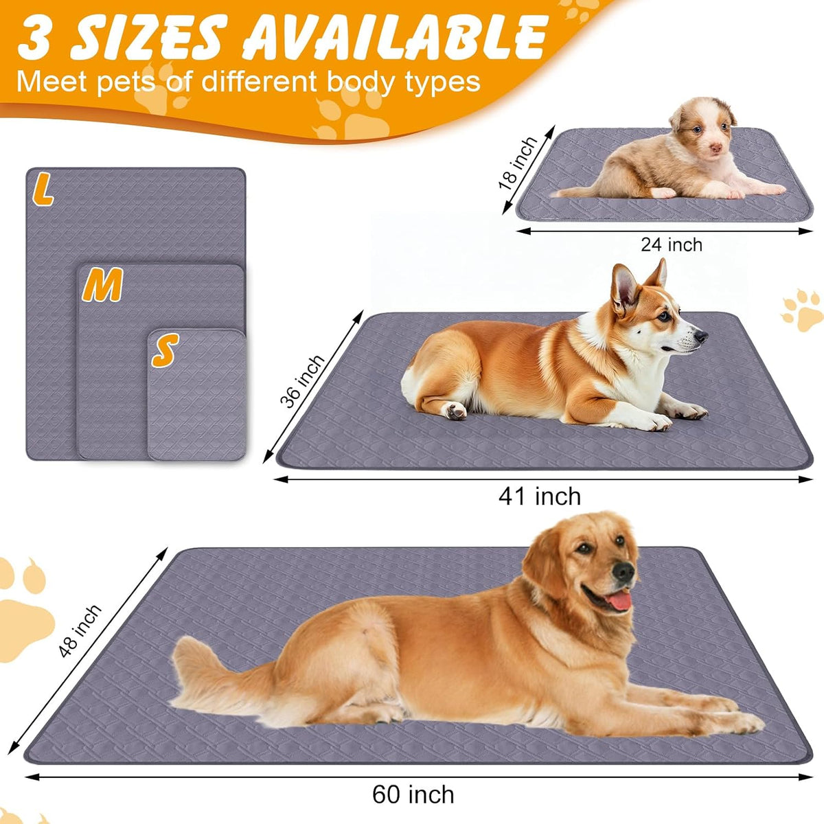 Washable Dog Pee Pads 2 Pack, 60X48 In, Waterproof Non-Slip, Grey