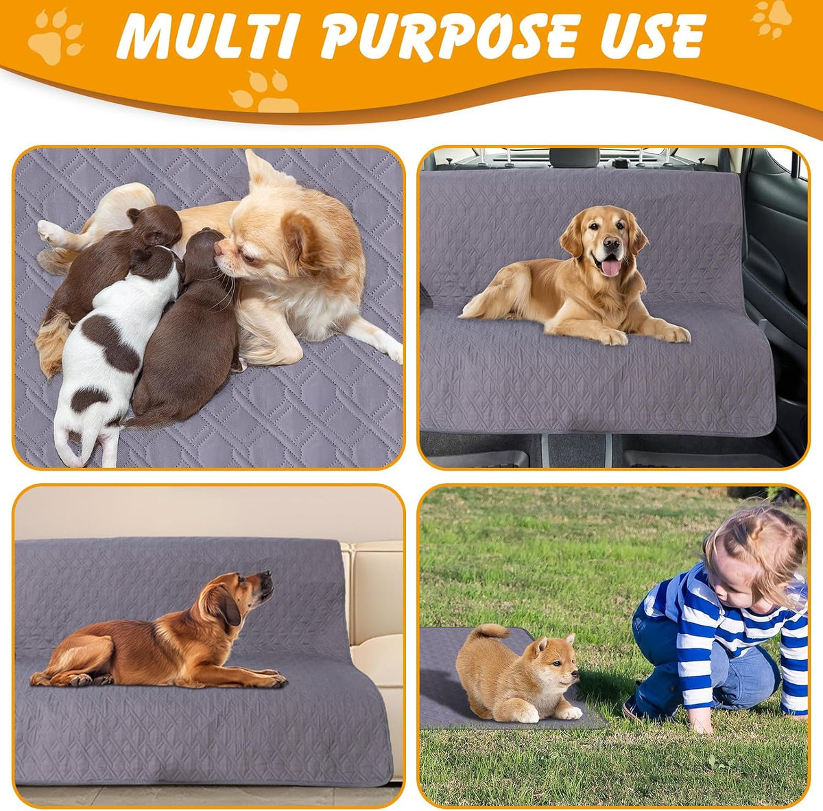 Washable Dog Pee Pads 2 Pack, 60X48 In, Waterproof Non-Slip, Grey