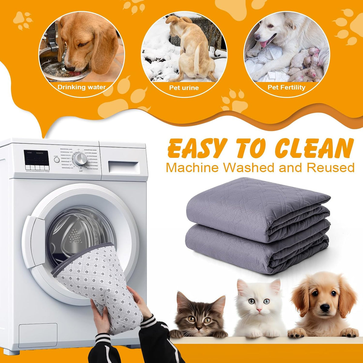 Washable Dog Pee Pads 2 Pack, 60X48 In, Waterproof Non-Slip, Grey